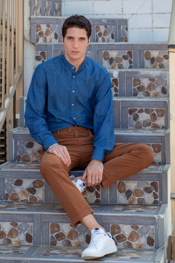 CAMICIA COLLO COREANO IN COTONE COLOR DARK WASH