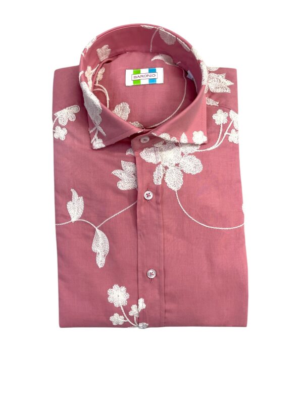 CAMICIA COLLO FRANCESE CON RICAMO COLOR ROSA CON STAMPA FLOREALE