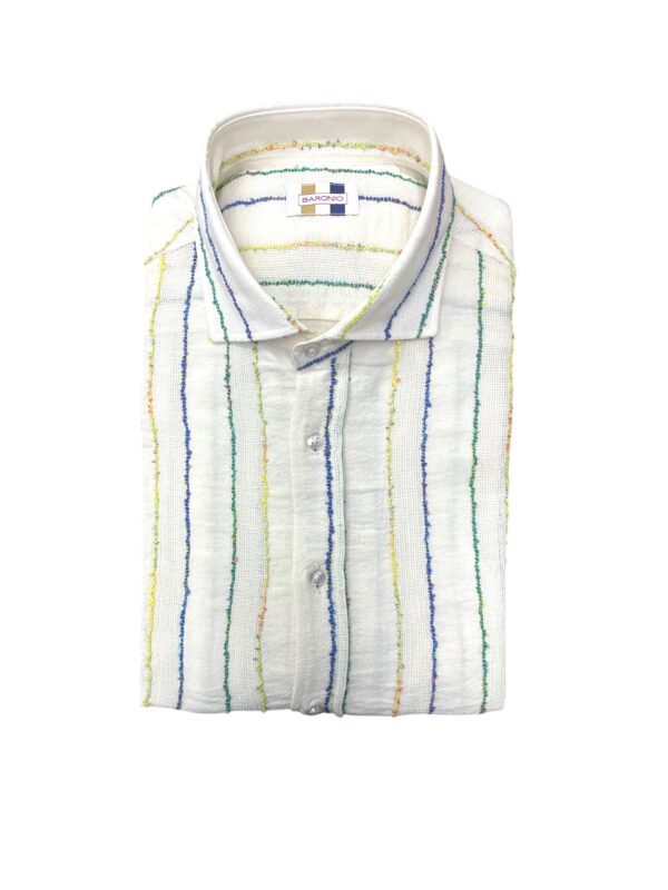 CAMICIA COLLO FRANCESE CON RICAMO LINO SU TELA A RIGHE BLU VERDE GIALLO