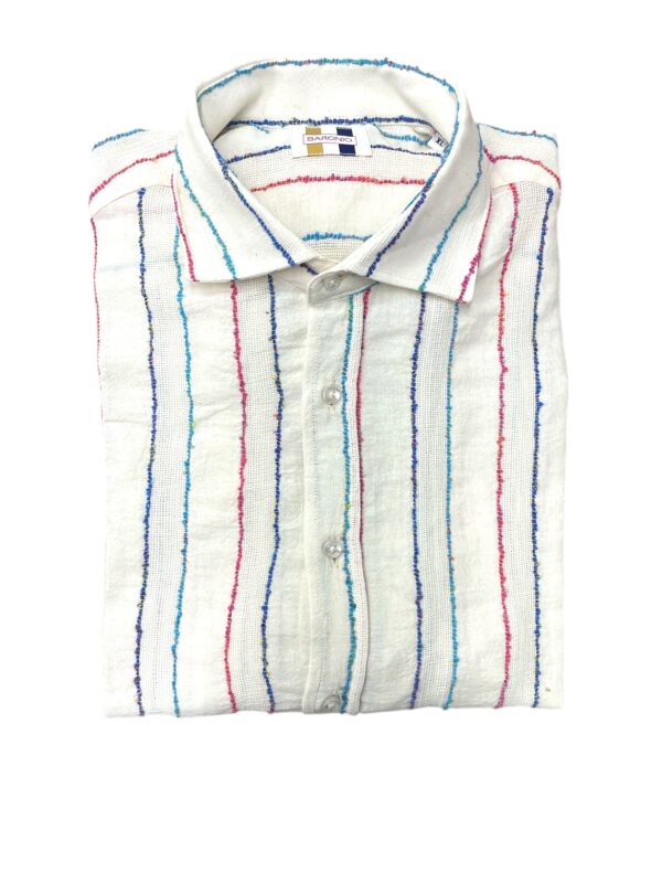 CAMICIA COLLO FRANCESE CON RICAMO LINO SU TELA A RIGHE BLU VIOLA ROSA