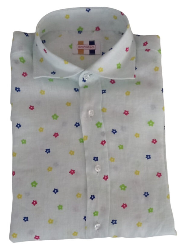 CAMICIA COLLO FRANCESE IN LINO A MICRO FANTASIA FLOREALE