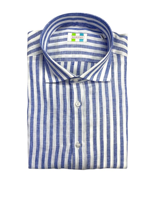CAMICIA COLLO FRANCESE IN LINO A RIGHE BLU