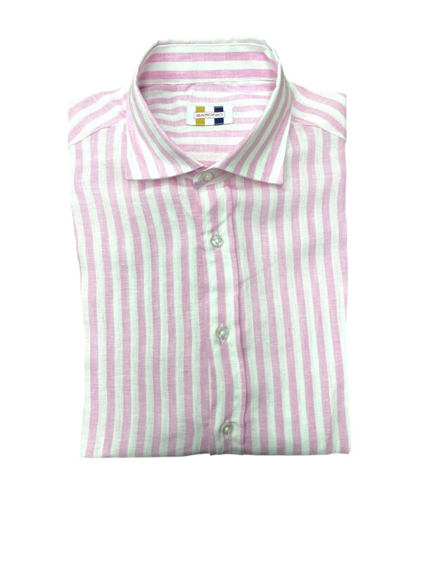 CAMICIA COLLO FRANCESE IN LINO A RIGHE ROSA
