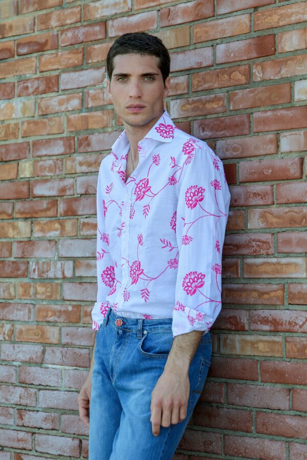 CAMICIA COLLO FRANCESE RICAMATA COLOR BIANCA CON RICAMO FLOREALE ROSA