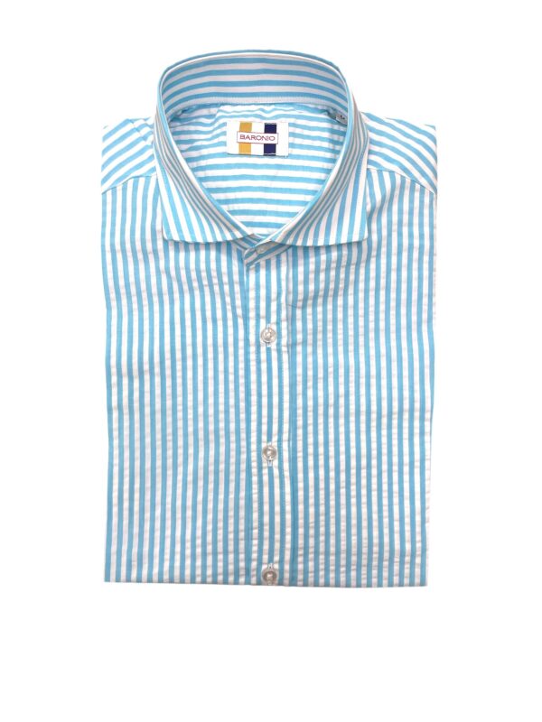 CAMICIA COLLO FRANCESE SEERSUCKER A RIGHE ACQUAMARINA