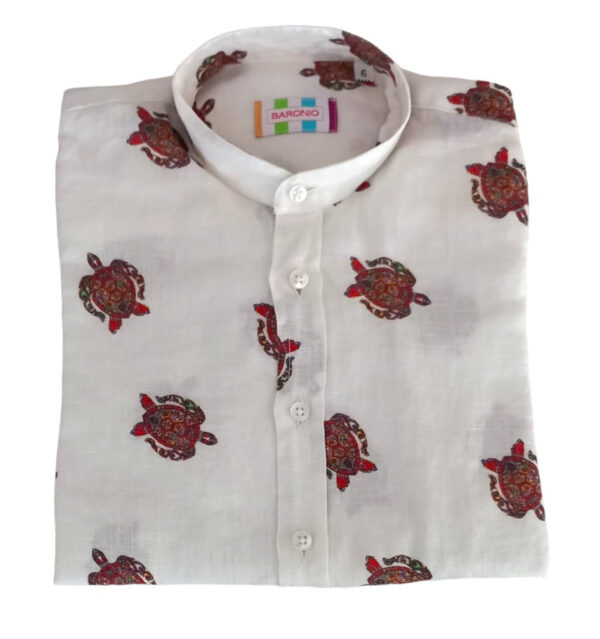 CAMICIA KIDS COLLO COREANO IN LINO BIANCA CON FANTASIA TARTARUGHE
