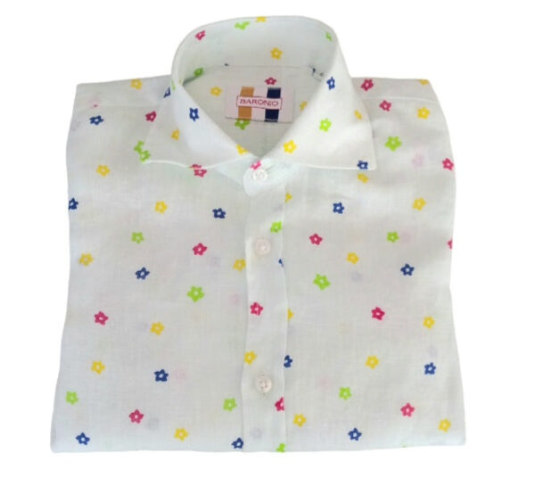 CAMICIA KIDS COLLO FRANCESE IN LINO A MICRO FANTASIA FLOREALE