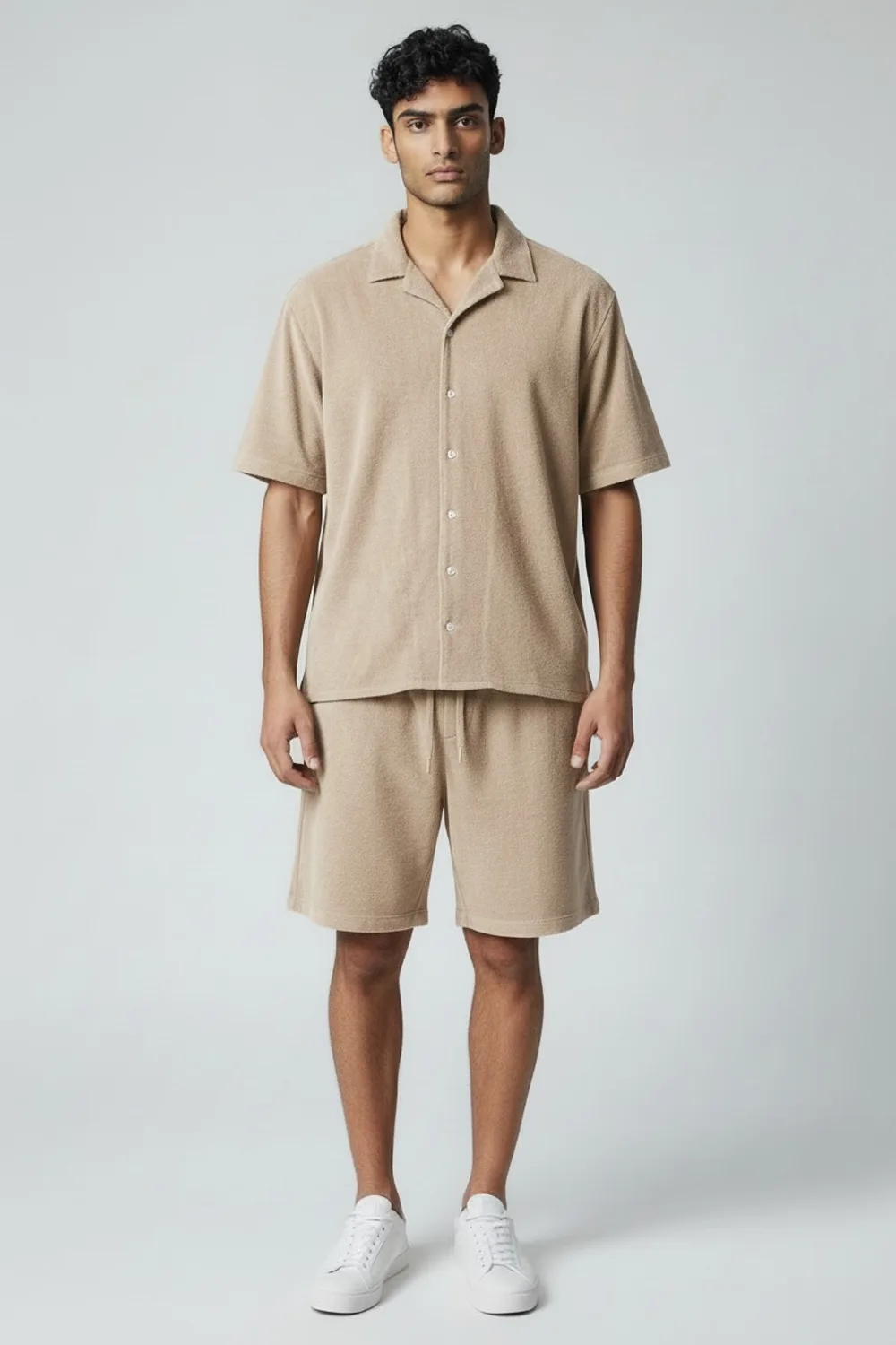 CAMICIA MANICA CORTA IN PURO COTONE SPUGNA COLOR BEIGE