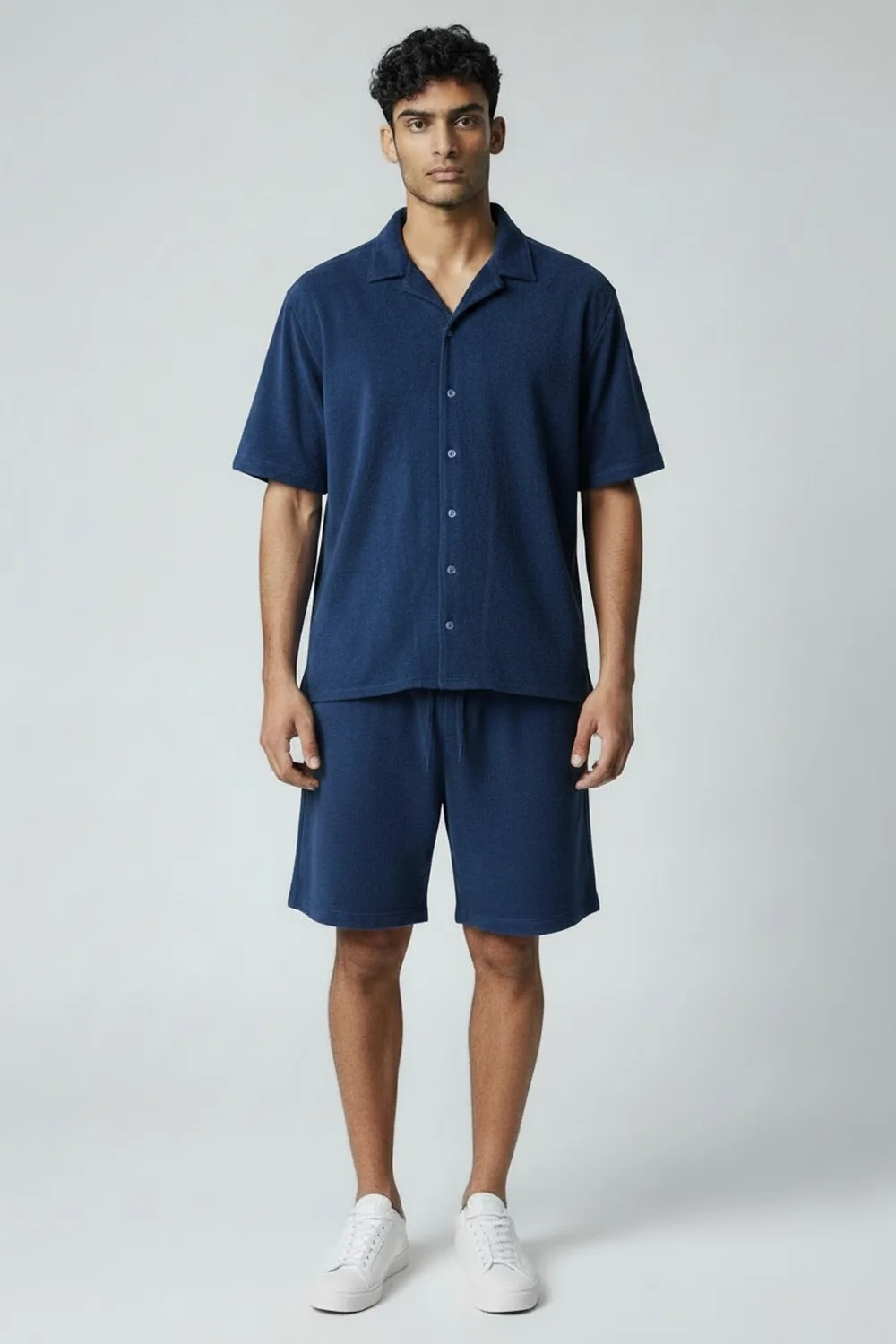 CAMICIA MANICA CORTA IN PURO COTONE SPUGNA COLOR BLU SCURO