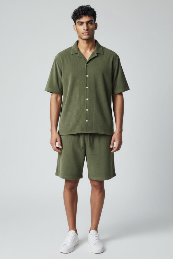 CAMICIA MANICA CORTA IN PURO COTONE SPUGNA COLOR VERDE MILITARE