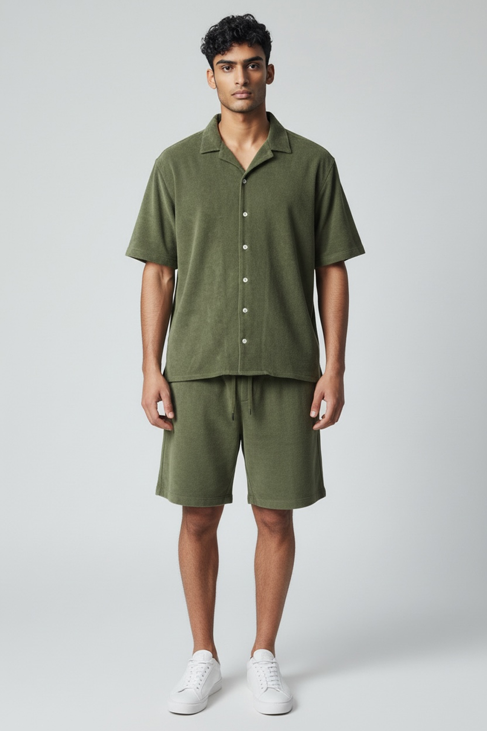 CAMICIA MANICA CORTA IN PURO COTONE SPUGNA COLOR VERDE MILITARE