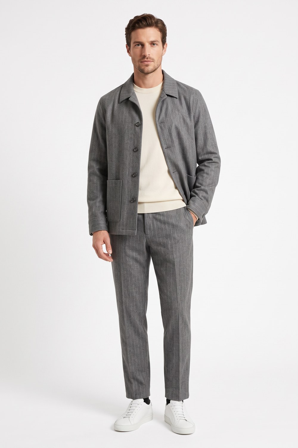 Overshirt in lana gessato grigio medio Regular fit