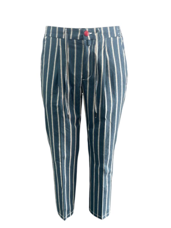 PANTALONE CON COULISSE E PINCES IN GABARDINE A RIGHE BIANCHE