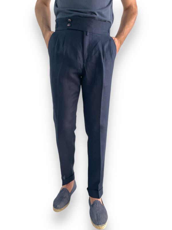 PANTALONE TASCA AMERICA CON FIBBIE IN LINO COLOR BLU