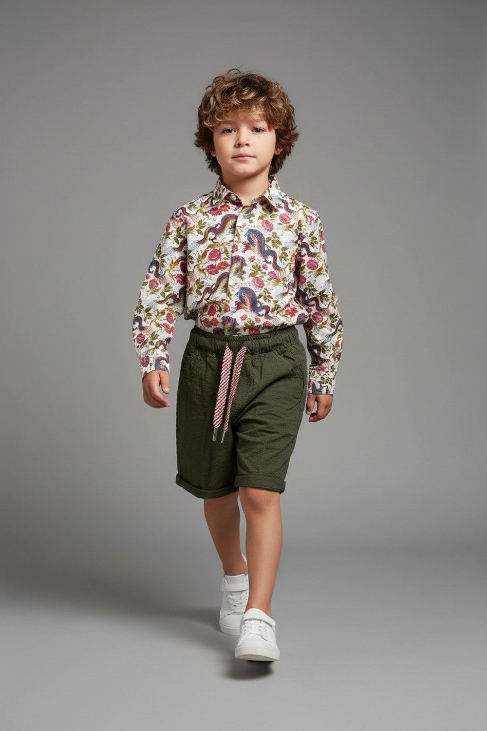 BERMUDA KIDS CON COULISSE IN COTONE SEERSUCKER COLOR VERDE MILITARE