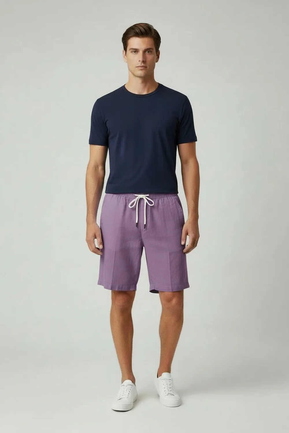 BERMUDA CON COULISSE ED ELASTICO IN VITA IN LINO COLOR VIOLA