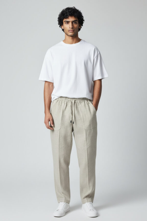 PANTALONE CON COULISSE ED ELASTICO IN VITA COMFORT FIT IN LINO COLOR BEIGE