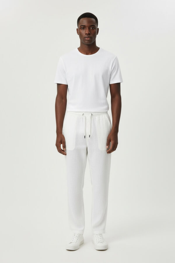 PANTALONE CON COULISSE ED ELASTICO IN VITA COMFORT FIT IN LINO COLOR BIANCO