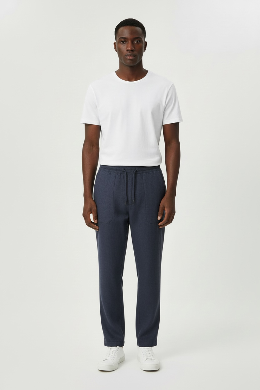 PANTALONE CON COULISSE ED ELASTICO IN VITA COMFORT FIT IN LINO COLOR BLU CHIARO