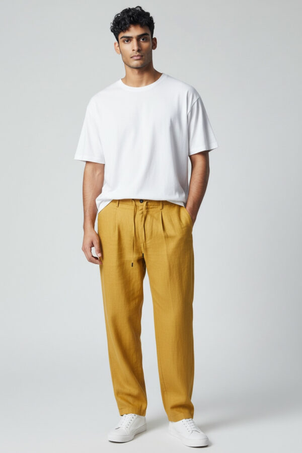 PANTALONE CON COULISSE E PINCES IN LINO COLOR GIALLO