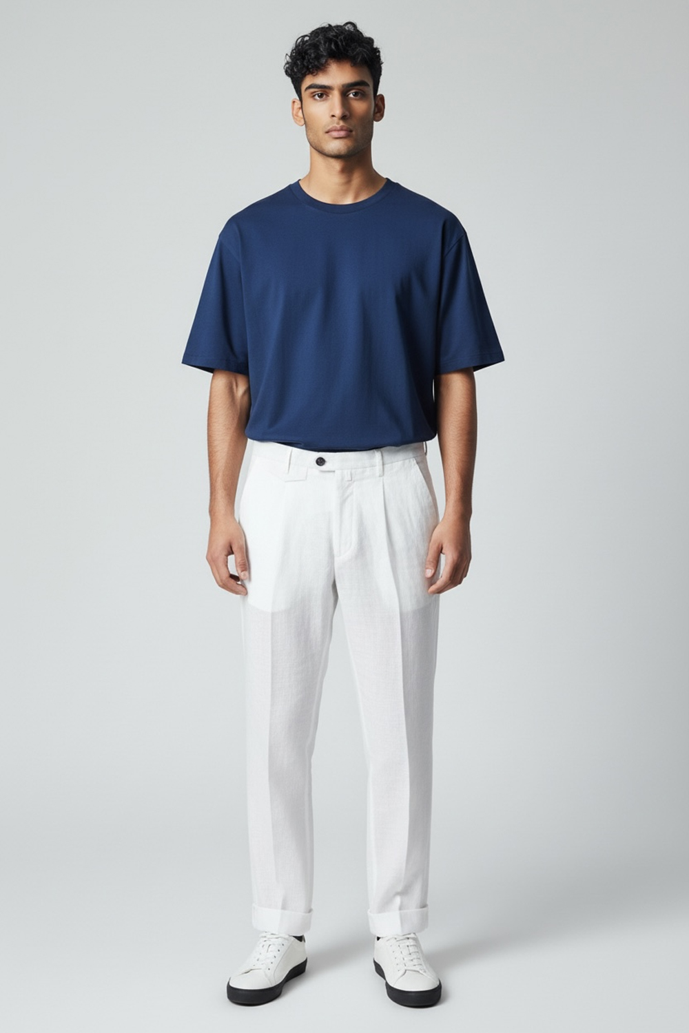 PANTALONE TASCA AMERICA CON PINCES E RISVOLTO IN LINO COLOR BIANCO