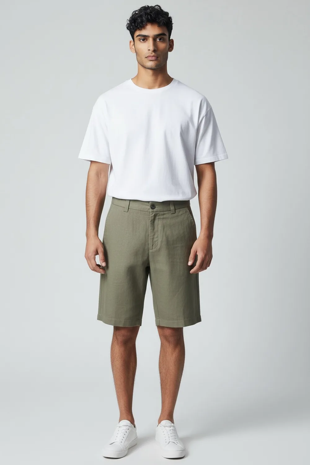 HONDURAS SHORT CON TASCHE A PATTINE SU RETRO E CINTURA ELASTICA IN 100% LINO COLOR VERDE MILITARE