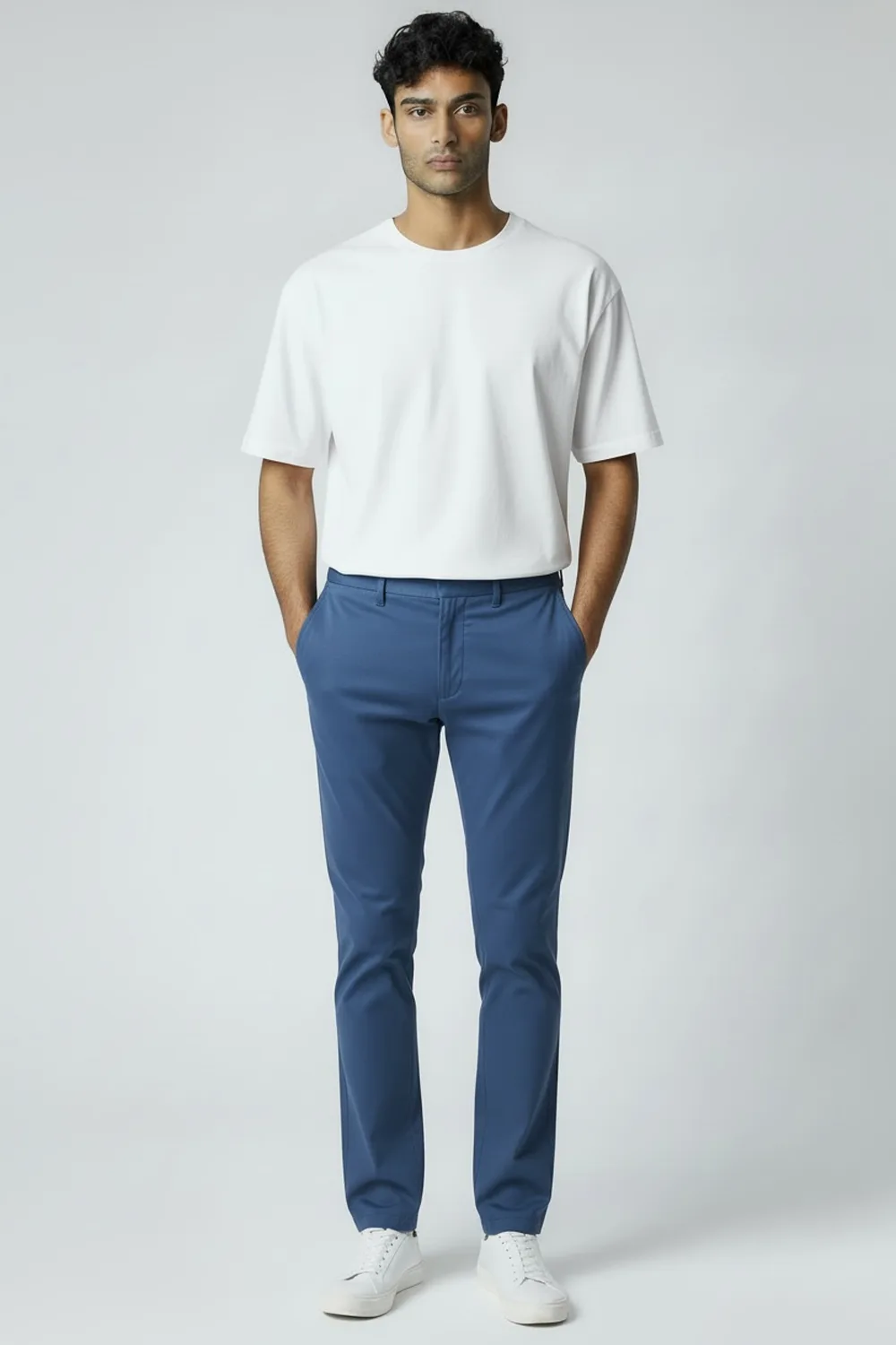 PANTALONE CHINO REGULAR FIT IN MISTO LINO DIAGONALE COLOR BLU CHIARO