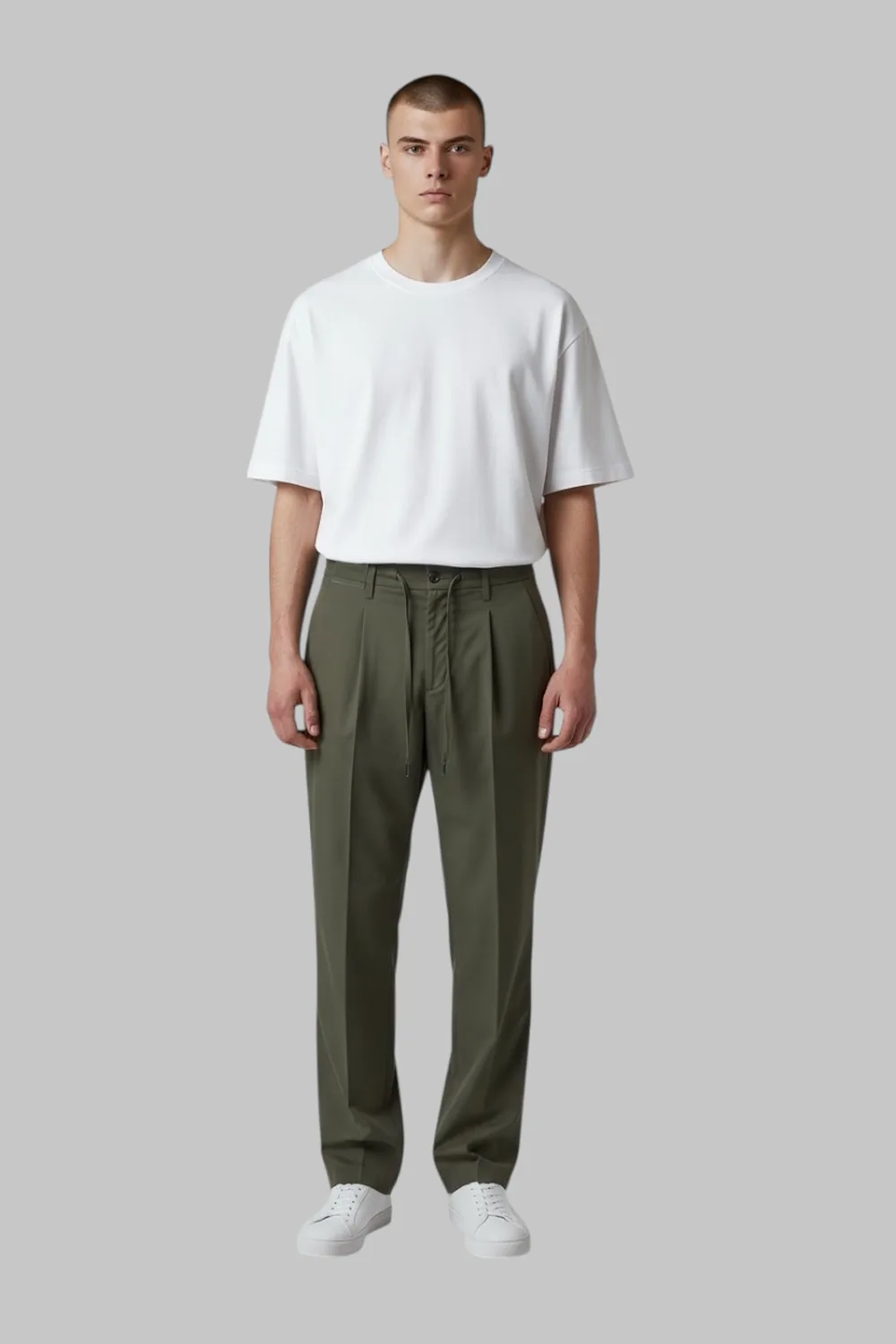 PANTALONE CON COULISSE E PINCES IN GABARDINE TINTO PEZZA COLOR VERDE MILITARE