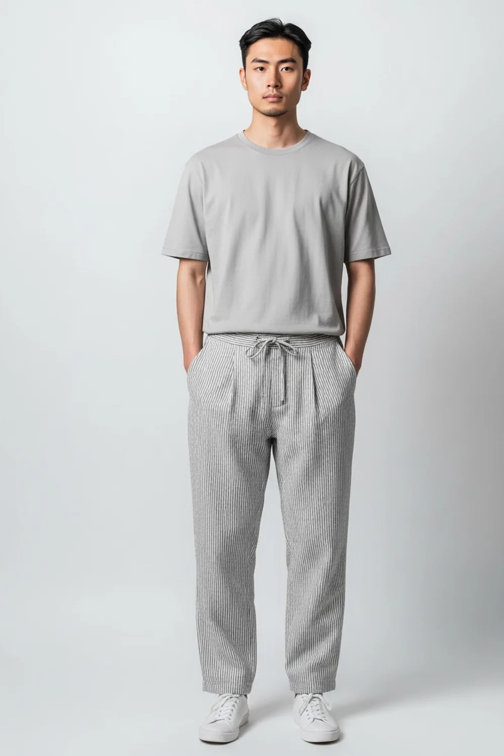 PANTALONE CON COULISSE E PINCES IN 100% COTONE RIGATO COLOR RIGA BLU SCURO