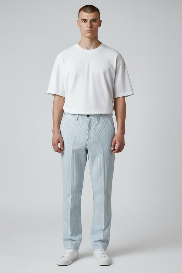 PANTALONE CON COULISSE 100% COTONE RIGATO COLOR RIGA CELESTE