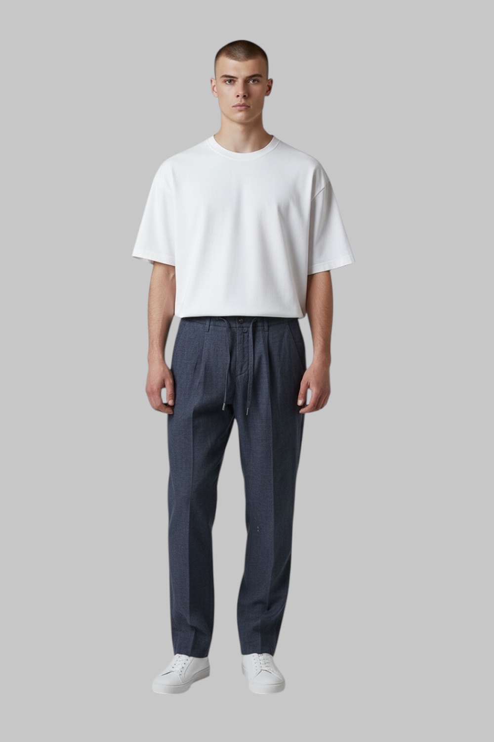 PANTALONE CON COULISSE E PINCES IN DENIM CHAMBRAY