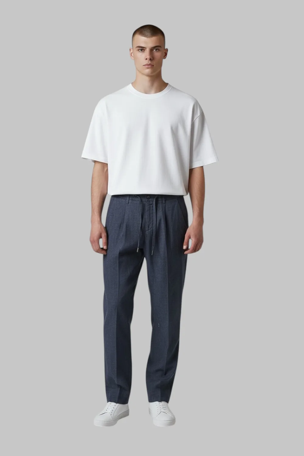 PANTALONE CON COULISSE E PINCES IN DENIM CHAMBRAY