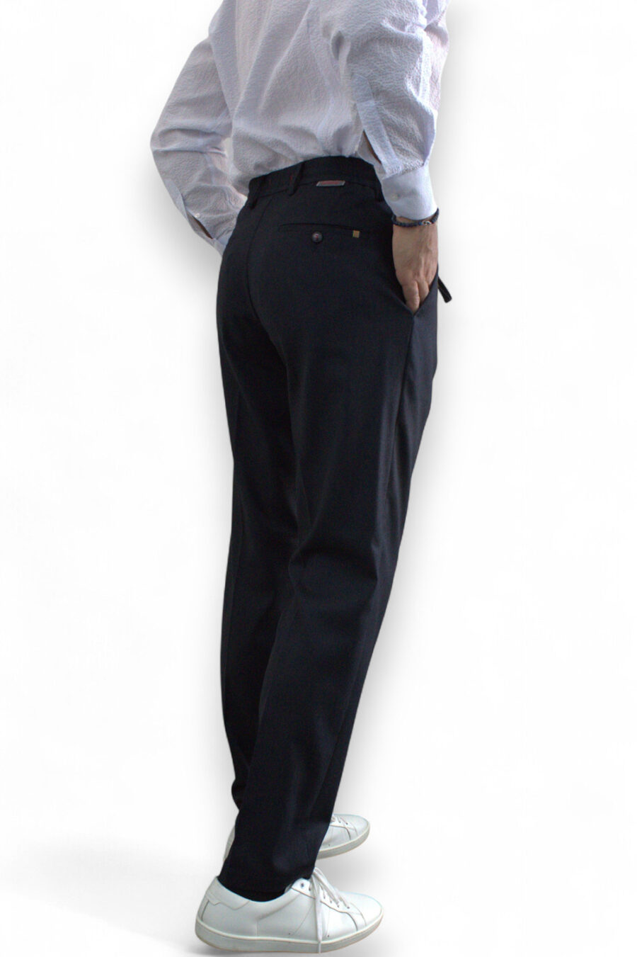 PANTALONE TASCA AMERICA CON COULISSE E PATTINE POSTERIORI IN LANA COLOR BLU SCURO - immagine 5