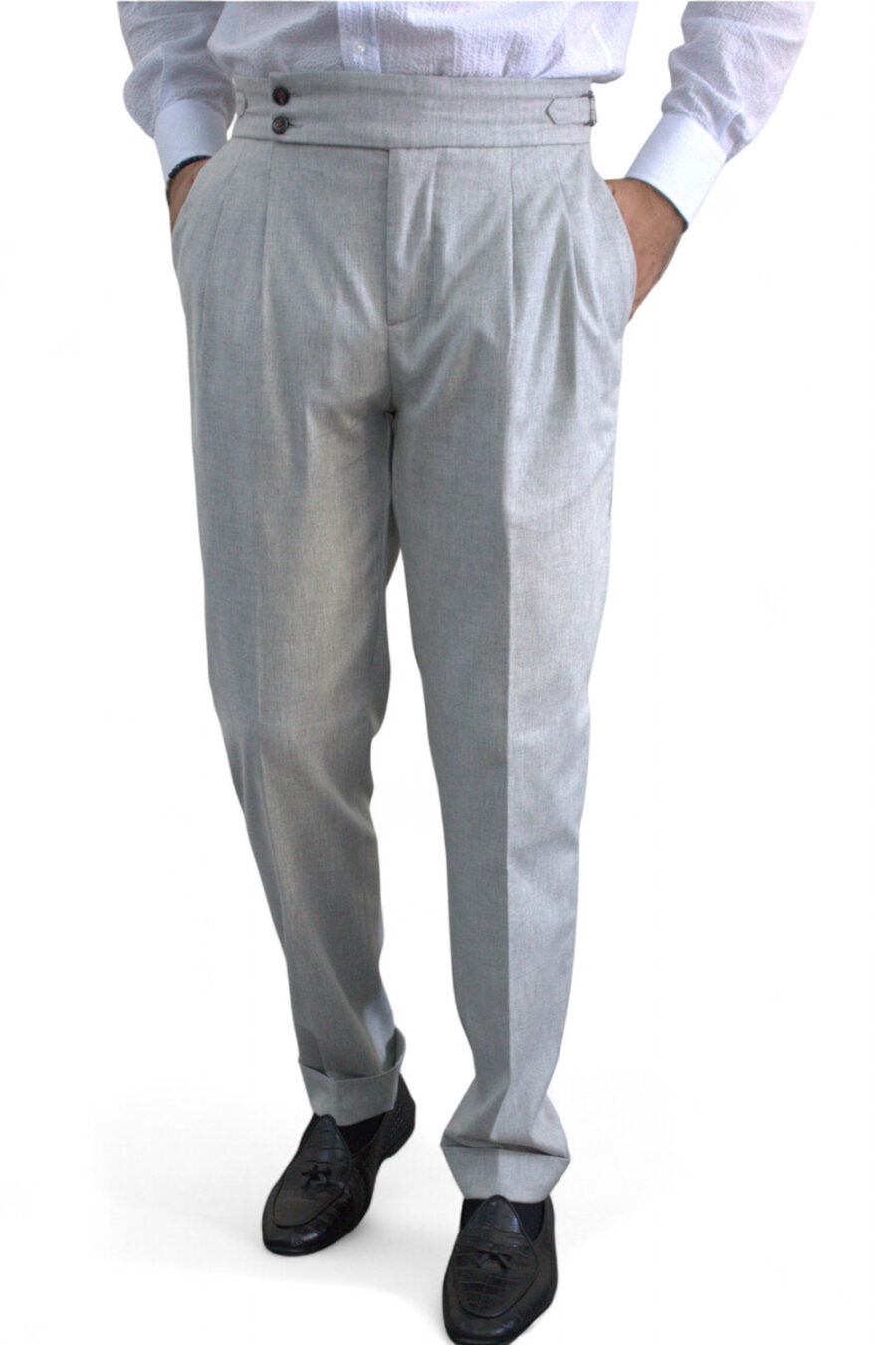 PANTALONE TASCA AMERICA CON BUSTINO ALTO E FIBBIE LATERALI COLOR GRIGIO CHIARO - immagine 4