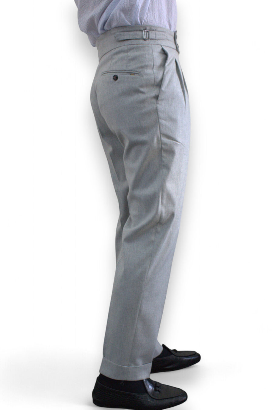 PANTALONE TASCA AMERICA CON BUSTINO ALTO E FIBBIE LATERALI COLOR GRIGIO CHIARO - immagine 5