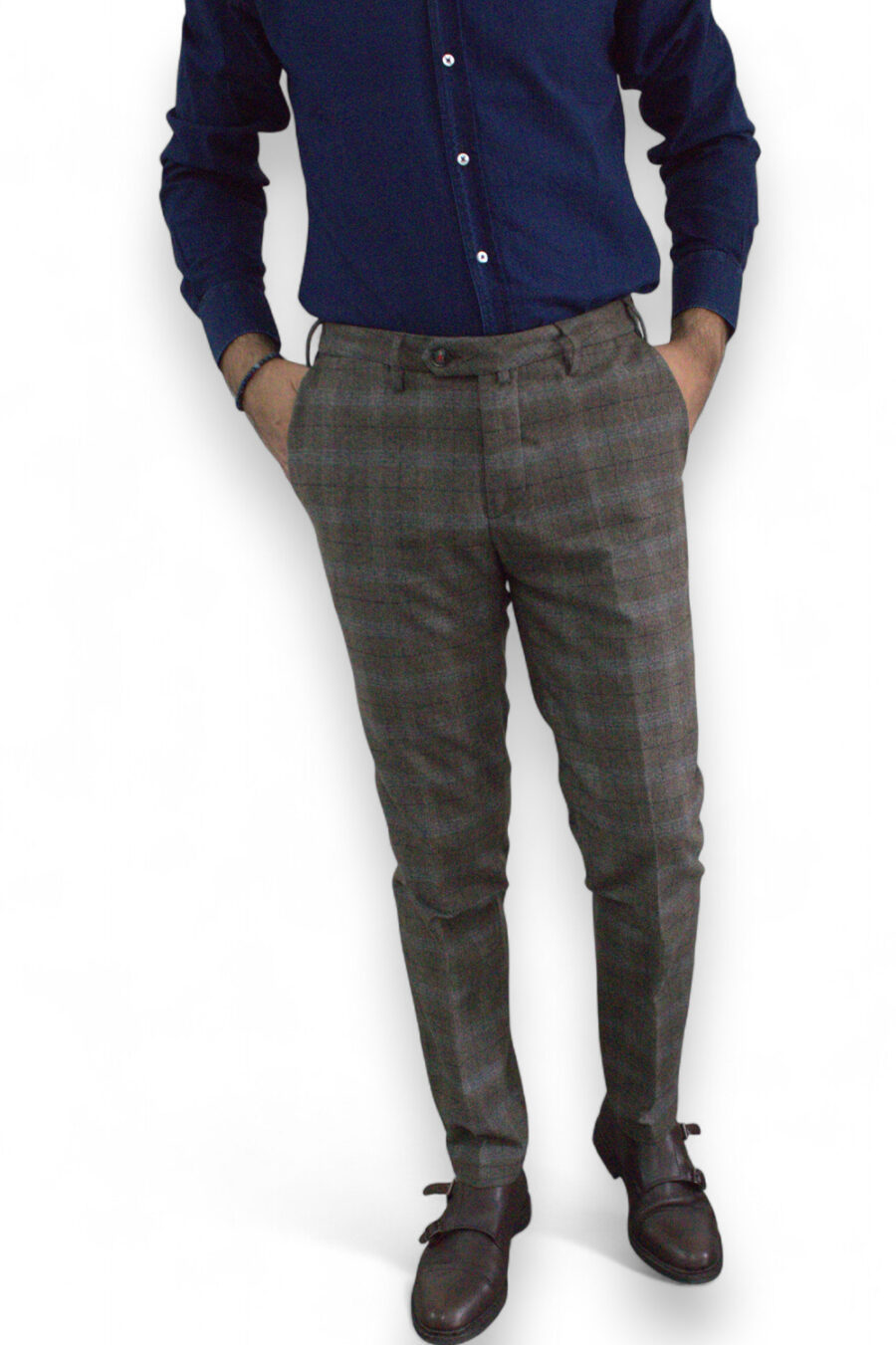PANTALONE SLIM FIT IN LANA A QUADRI COLOR TORTORA - immagine 4