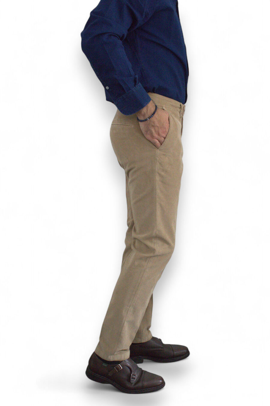 PANTALONE SLIM FIT IN VELLUTO ARMATURATO COLOR FANGO - immagine 6