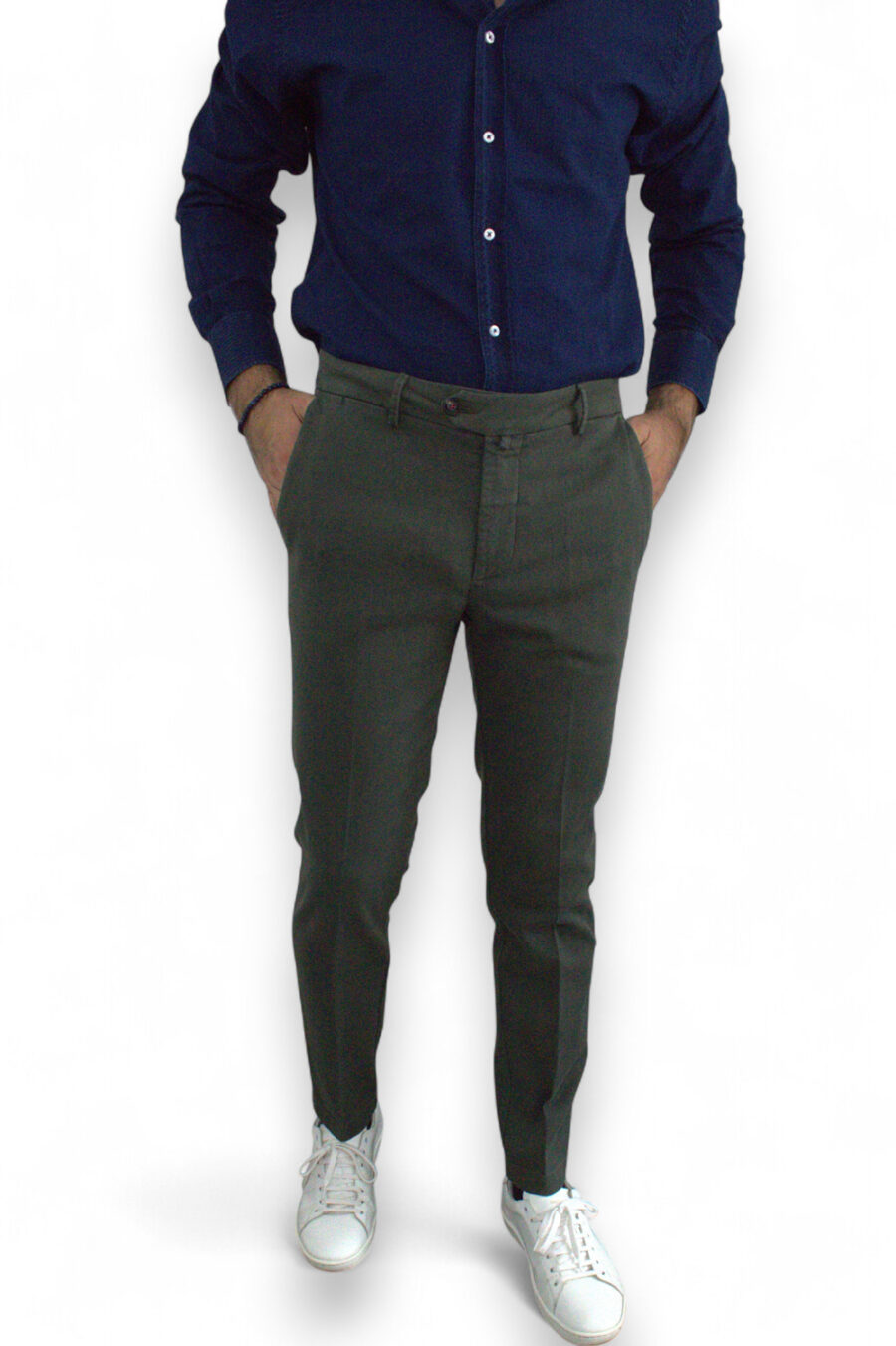 PANTALONE SLIM FIT IN COTONE DIAGONALE COLOR VERDE MILITARE - immagine 4