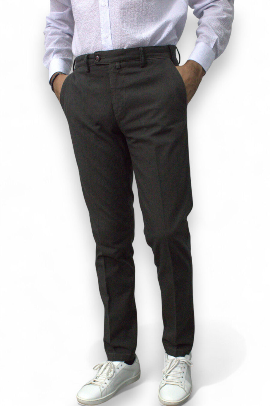 PANTALONE CHINO IN COTONE TINTO FILO COLOR TORTORA - immagine 4