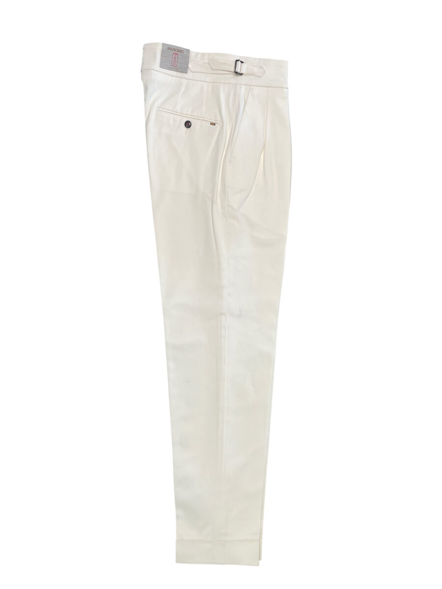 PANTALONE TASCA AMERICA CON BUSTINO ALTO E FIBBIE LATERALI IN LANA COLOR PANNA