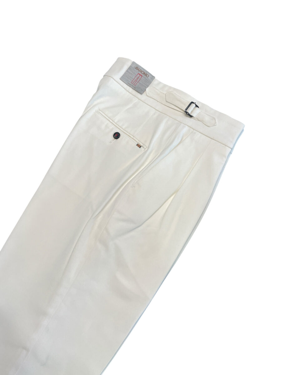 PANTALONE TASCA AMERICA CON BUSTINO ALTO E FIBBIE LATERALI IN LANA COLOR PANNA - immagine 2