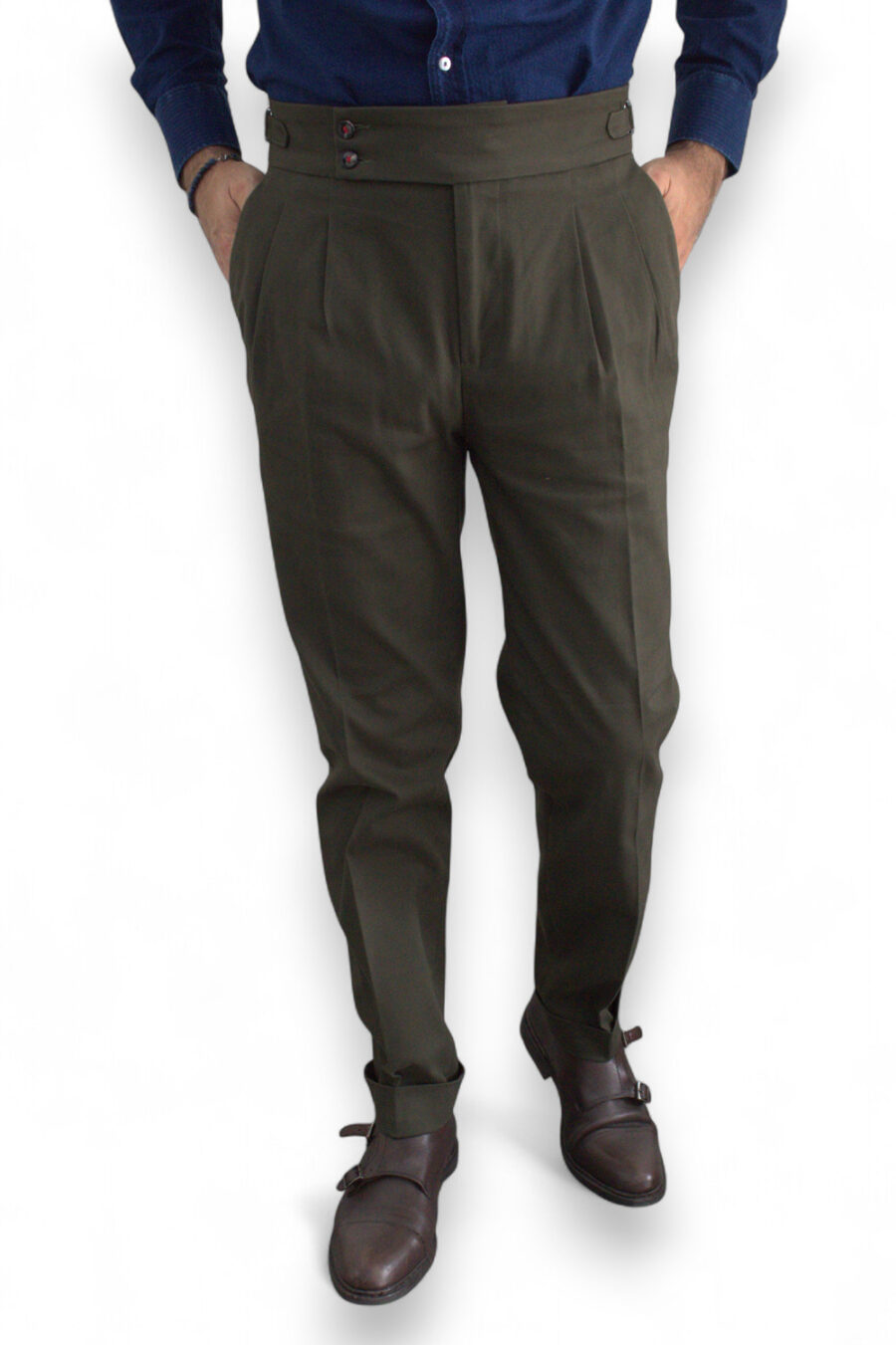 PANTALONE TASCA AMERICA CON BUSTINO ALTO E FIBBIE LATERALI COLOR VERDE MILITARE - immagine 4