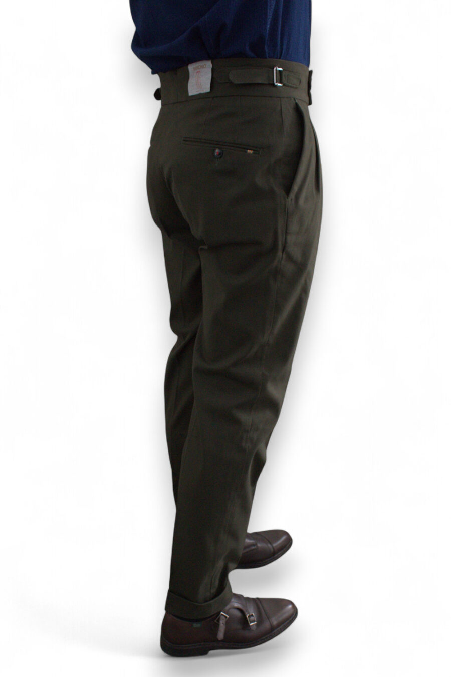 PANTALONE TASCA AMERICA CON BUSTINO ALTO E FIBBIE LATERALI COLOR VERDE MILITARE - immagine 5