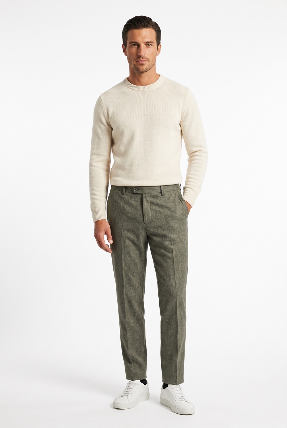 Pantalone con pattine Comfort fit in lana color verde militare