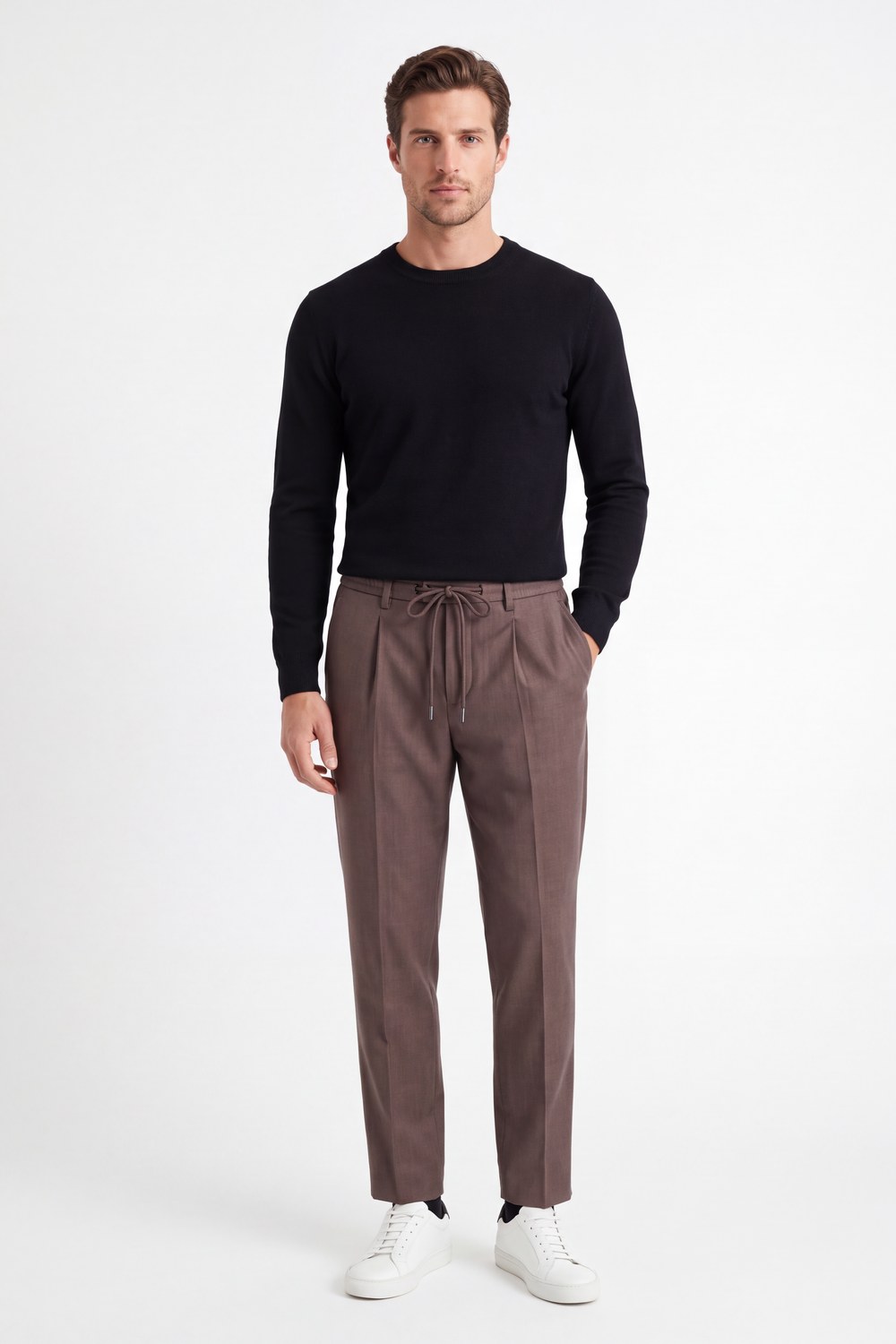 Pantalone con coulisse e pinces in tasmania Comfort fit color moro