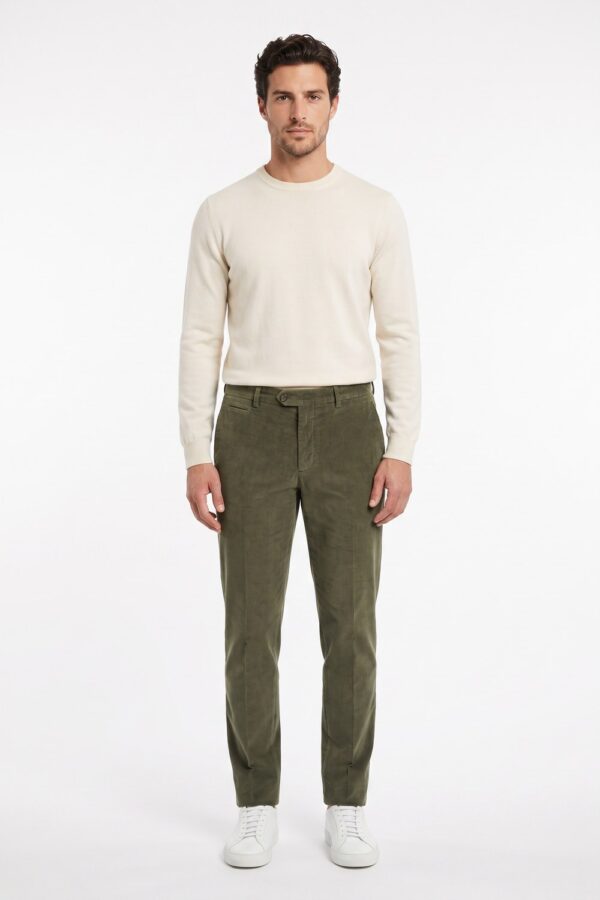 PANTALONE IN VELLUTO LISCIO SLIM FIT COLOR VERDE MILITARE