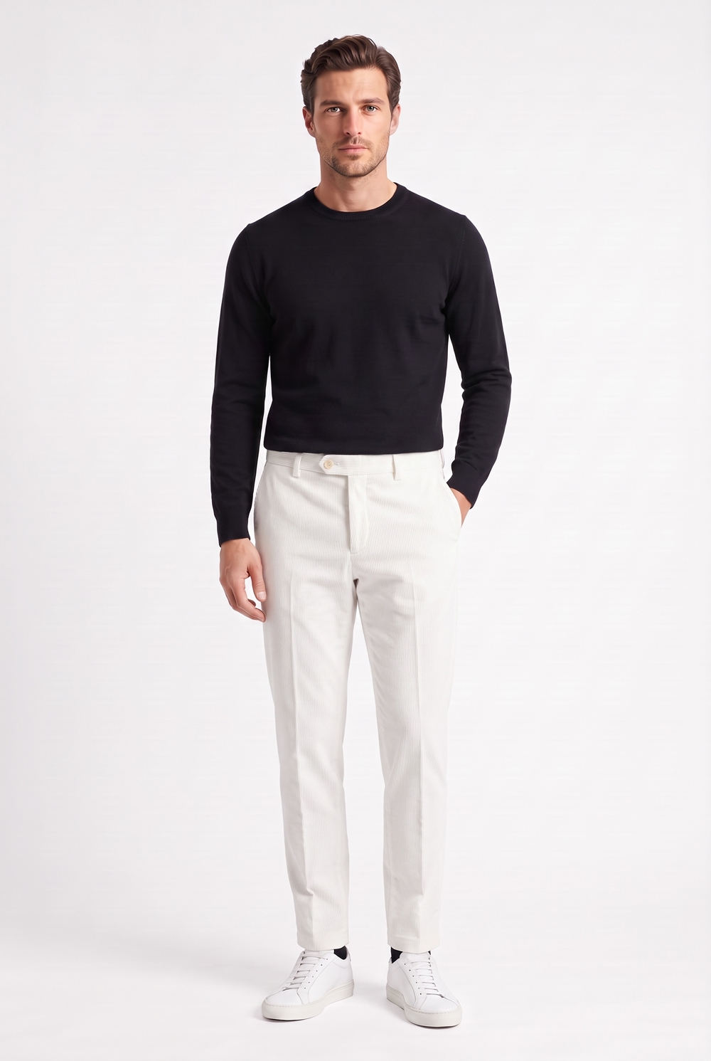 Pantalone in velluto diagonale Slim fit color panna