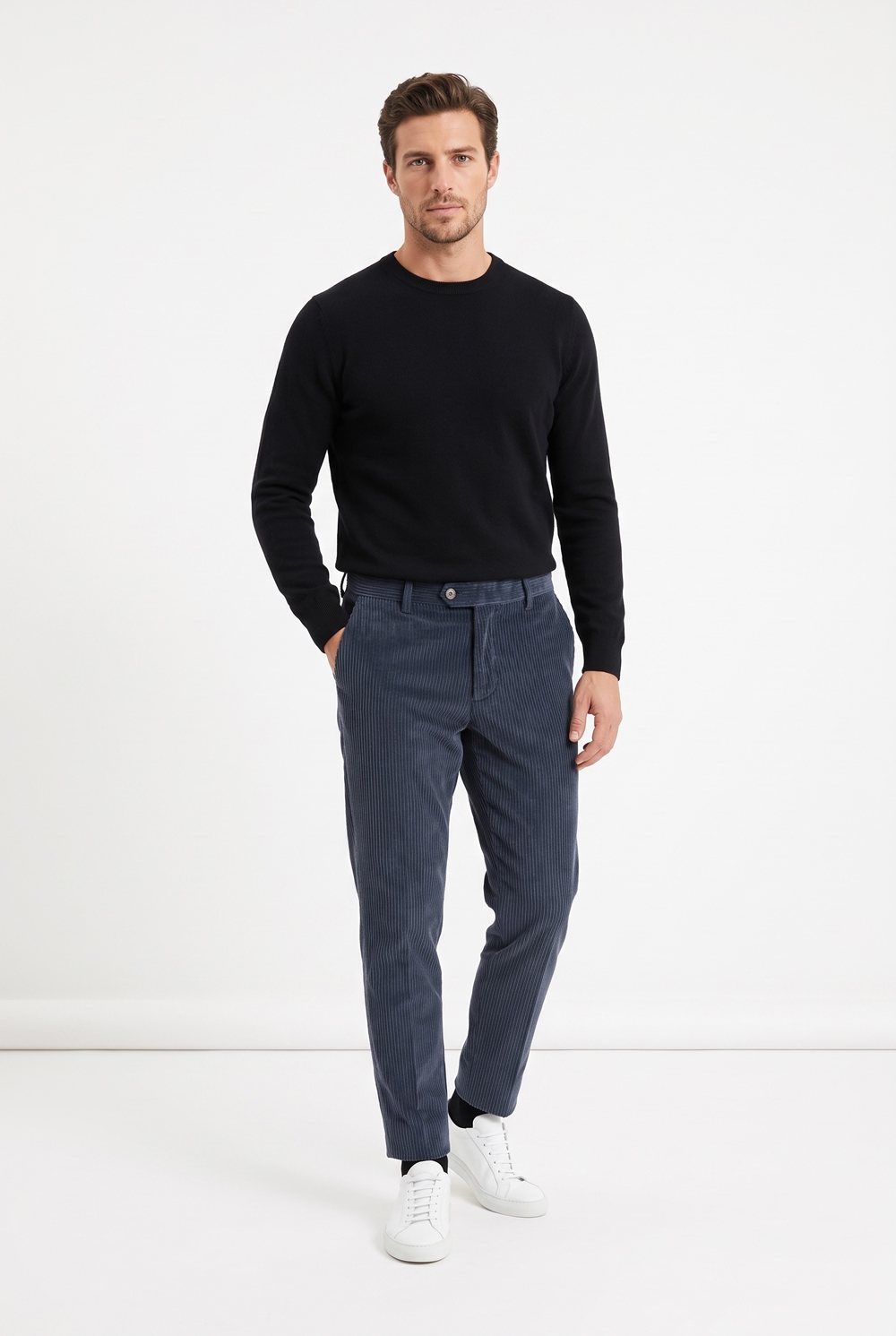 Pantalone con pattine Comfort fit in velluto a righe color blu scuro