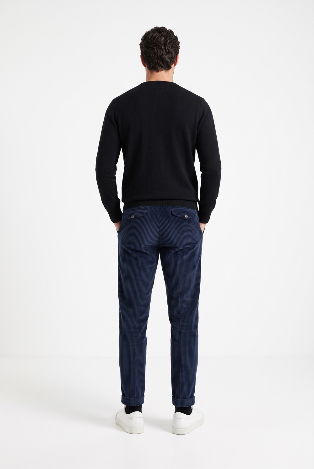 Pantalone con pattine Comfort fit in velluto a righe color blu scuro - immagine 2