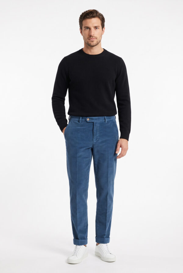 Pantalone con pattine Comfort fit in velluto a righe color blu chiaro